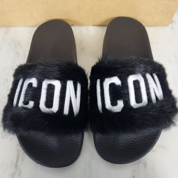 NWB~$825~DSQUARED2~8/8.5~ICON BLACK WHITE GENUINE RABBIT FUR SANDALS SLIDES - Picture 4 of 16